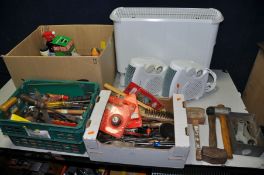 TWO BOXES CONTAINING A SELECTION OF VINTAGE HAND TOOLS, to include drill bits, hammers, pliers,