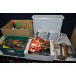 TWO BOXES CONTAINING A SELECTION OF VINTAGE HAND TOOLS, to include drill bits, hammers, pliers,