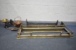 THREE VARIOUS METAL FENDERS, one extending, along with a Victorian copper kettle, a cast iron