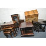 A REPRODUCTION MAHOGANY FALL FRONT BUREAU, with four drawers, a stepped lead glazed media cabinet, a