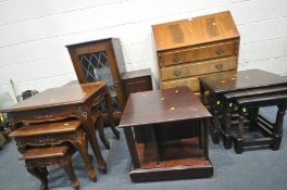 A REPRODUCTION MAHOGANY FALL FRONT BUREAU, with four drawers, a stepped lead glazed media cabinet, a