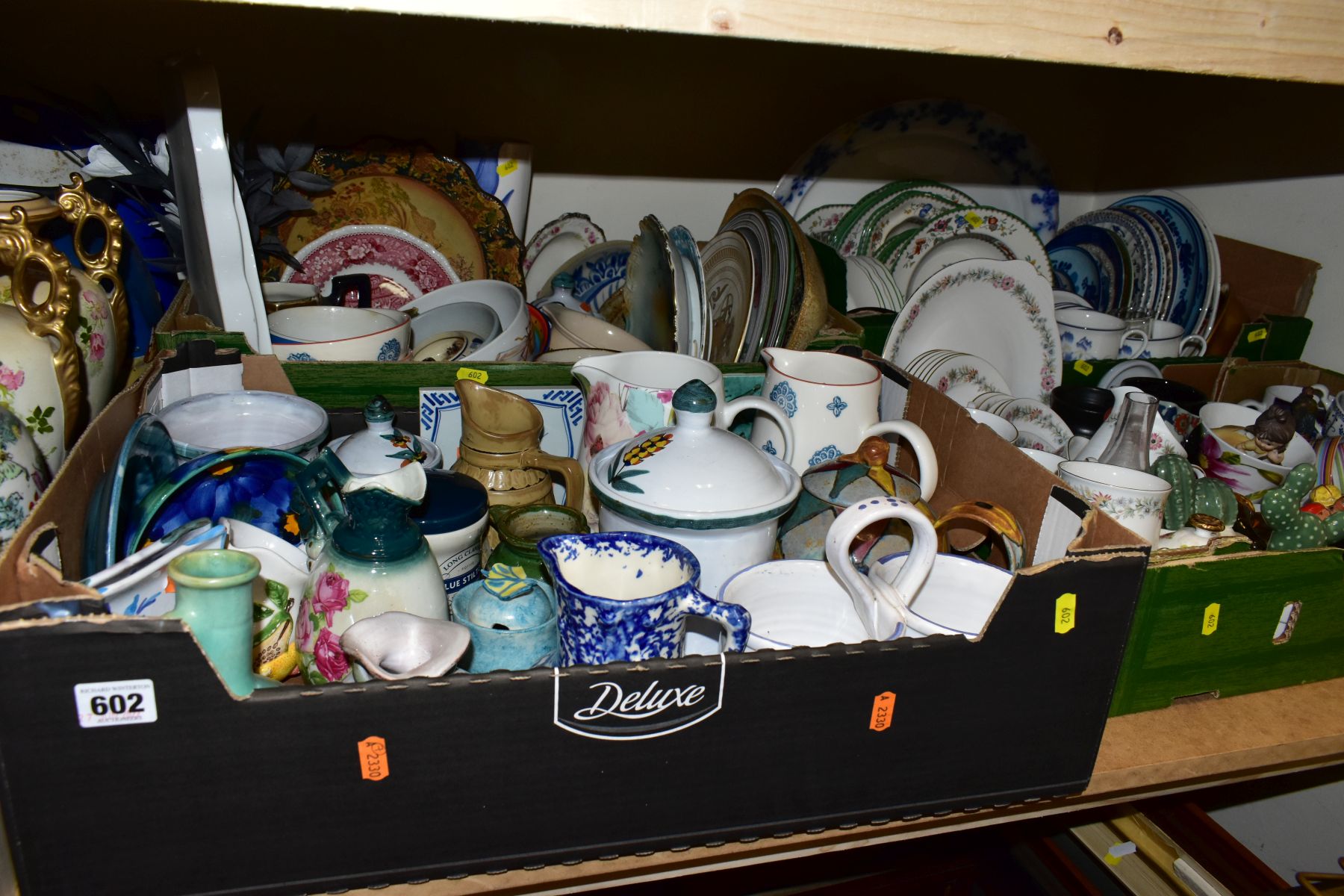 FOUR BOXES CONTAINING VARIOUS JUGS PLATES PART TEA SETS AND ORNAMENTS, including Paragon Belinda tea