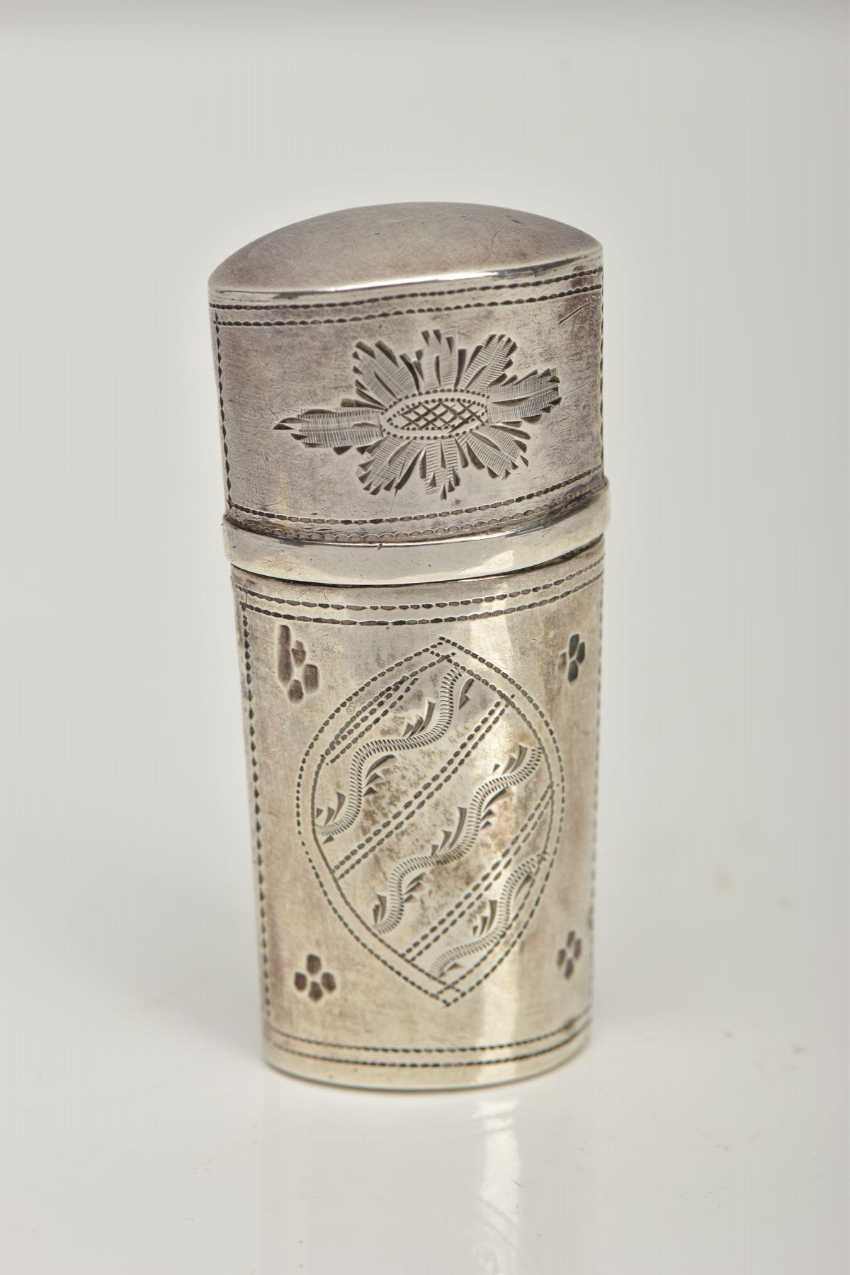 A WHITE METAL NEEDLE/PIN CASE, slightly tapered case engraved with a floral and foliate design,