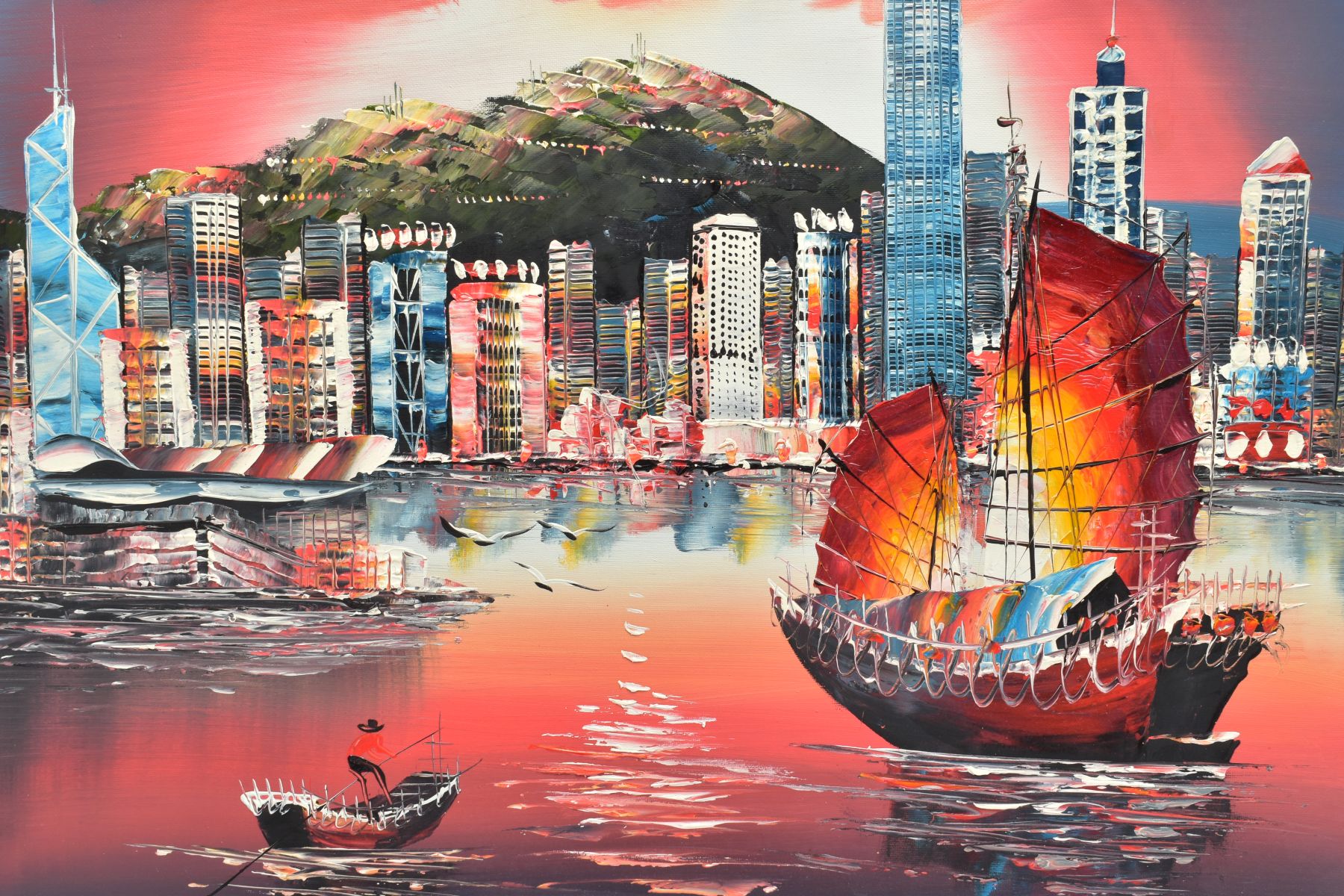 TWO UNFRAMED OILS ON CANVAS DEPICTING SCENES OF HONG KONG, the first depicting a sunset view of - Bild 2 aus 4