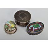 THREE TRINKET BOXES, to include a silver and tortoise shell circular trinket, silver inlay swag