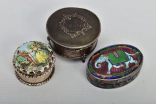 THREE TRINKET BOXES, to include a silver and tortoise shell circular trinket, silver inlay swag