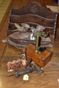 A SMALL COLLECTION OF TREEN, ETC, comprising a Black Forest desk stand carved as two birds sitting