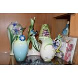FIVE PIECES OF FRANZ PORCELAIN, comprising a jug with Hummingbird handle and Iris flower, height