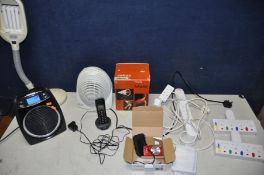 A BOX OF ELECTRICAL ITEMS to include a Dimplex DXGL02, a GS flex lamp, Delonghi blow heater/fan,