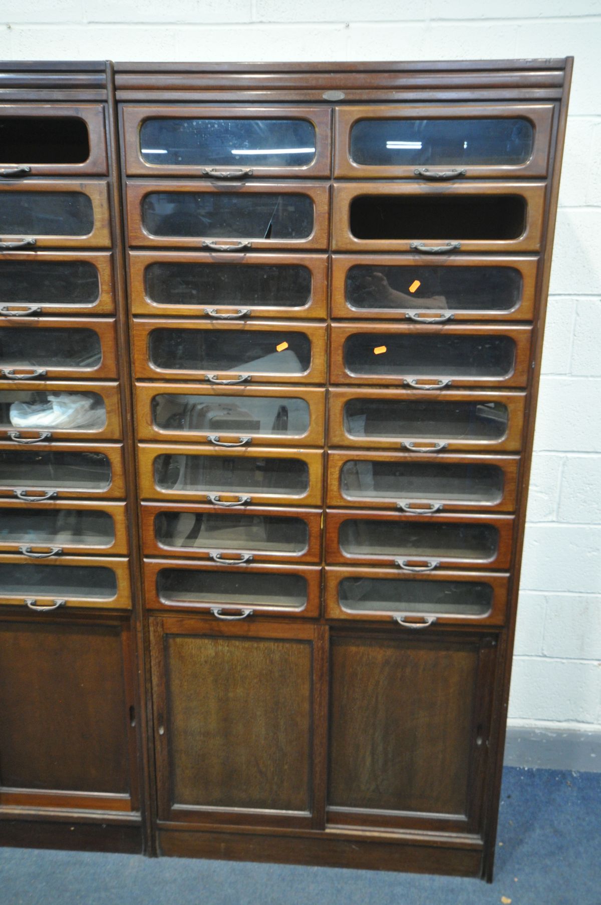 A PAIR OF EARLY 20TH CENTURY MAHOGANY HABERDASHERY CABINETS, made up of sixteen glass fronted - Bild 2 aus 6