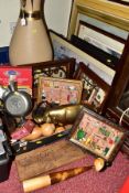 SEVEN FRAMED PICTURES, A LARGE POTTERY VASE, AND A BOX OF SUNDRIES containing a German pewter