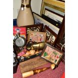 SEVEN FRAMED PICTURES, A LARGE POTTERY VASE, AND A BOX OF SUNDRIES containing a German pewter