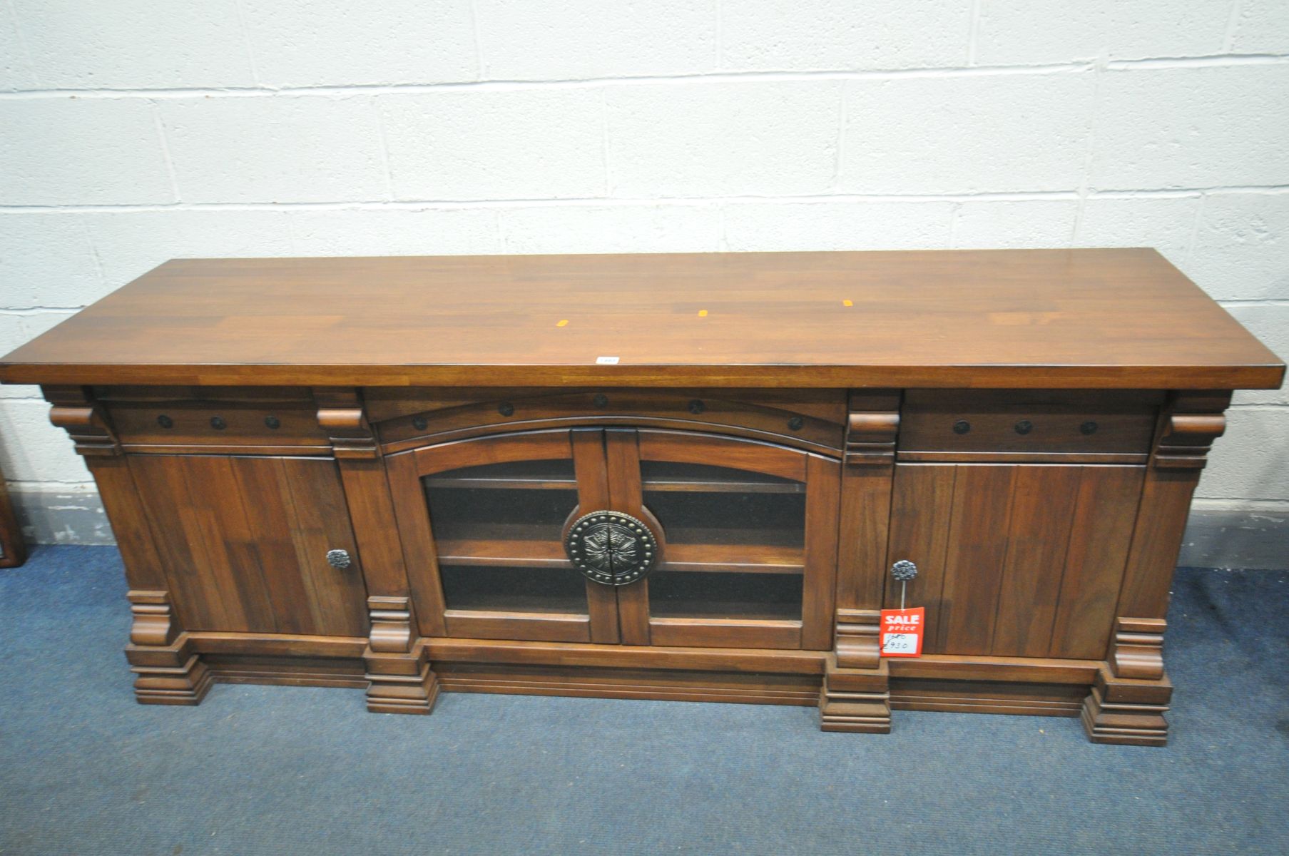 A HEAVY CHERRYWOOD SIDEBOARD, with drawers, and cupboard doors, width 199cm x depth 55cm x height