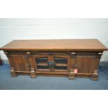 A HEAVY CHERRYWOOD SIDEBOARD, with drawers, and cupboard doors, width 199cm x depth 55cm x height