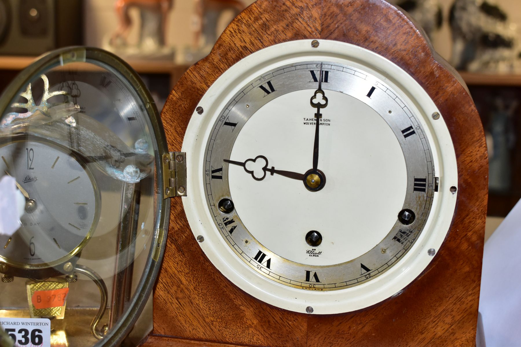 A MID 20TH CENTURY WALNUT ARCH CASED ELLIOT MANTEL CLOCK, silvered chapter ring with Roman numerals, - Image 8 of 8