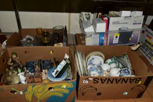 FIVE BOXES OF CERAMICS, ORNAMENTS AND SUNDRY ITEMS ETC, to include Royal Vale tea wares, green