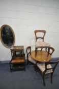 A CIRCULAR PINE PEDESTAL KITCHEN TABLE, diameter 78cm x height 72cm, a set of four mahogany dining