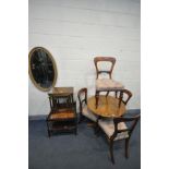 A CIRCULAR PINE PEDESTAL KITCHEN TABLE, diameter 78cm x height 72cm, a set of four mahogany dining