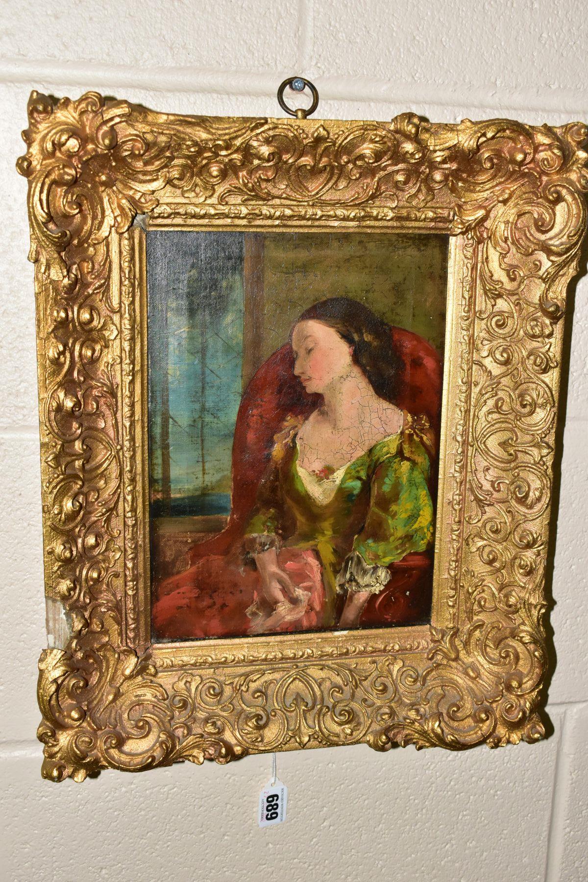 A 19TH CENTURY SEATED PORTRAIT OF A FEMALE FIGURE, unsigned oil on canvas, approximate size 28cm x
