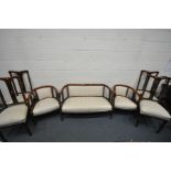 AN EDWARDIAN MAHOGANY SEVEN PIECE PAROLUR SUITE, comprising a sofa with open armrests, length