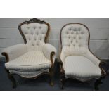 A VICTORIAN WALNUT BUTTONED SPOON BACK ARMCHAIR, with cream stripped upholstery, on ball and claw