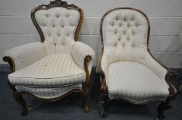 A VICTORIAN WALNUT BUTTONED SPOON BACK ARMCHAIR, with cream stripped upholstery, on ball and claw