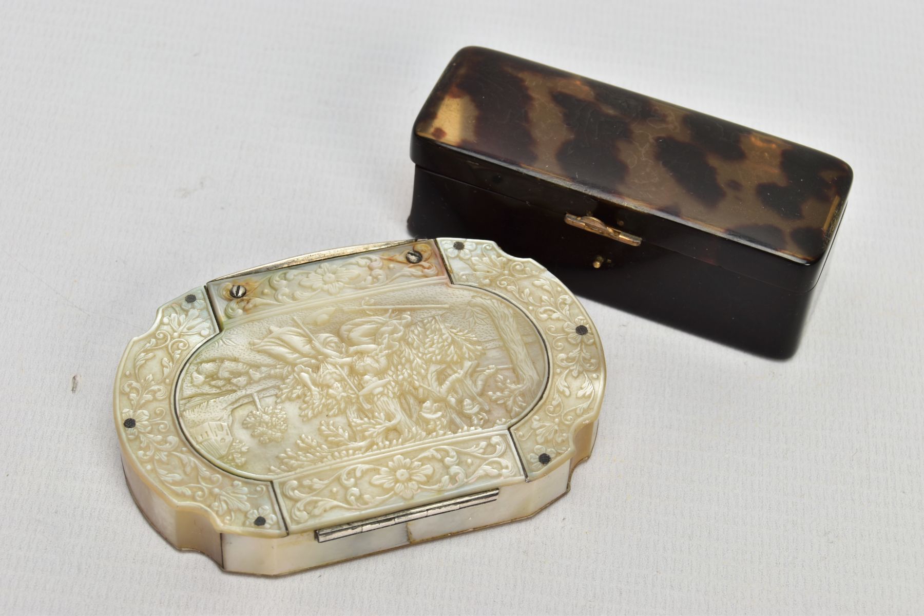 TWO GEORGIAN SNUFF BOXES (both AF), to include a mother of pearl snuff box the lid carved to