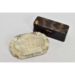 TWO GEORGIAN SNUFF BOXES (both AF), to include a mother of pearl snuff box the lid carved to