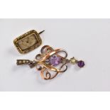 AN AMETHYST AND SPLIT PEARL YELLOW METAL PENDANT AND A WOVEN HAIR MEMORIAL YELLOW METAL BROOCH,