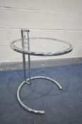 A MID CENTURY CHROME FRAMED CIRCULAR SIDE TABLE, possibly designed by Eileen Grey of the E1027