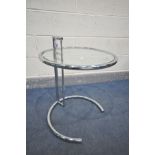 A MID CENTURY CHROME FRAMED CIRCULAR SIDE TABLE, possibly designed by Eileen Grey of the E1027