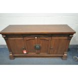 A HEAVY CHERRYWOOD SIDEBOARD, with drawers, and cupboard doors, with a separate mirror top, width