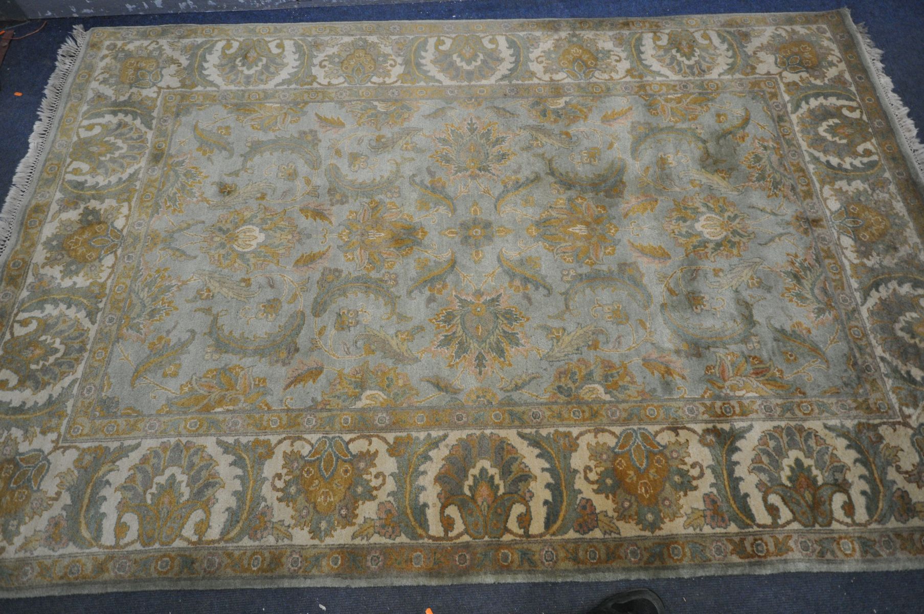 A G H FRITH WOLLEN INDU ZEIGLER GREEN AND CREAM RUG, 272cm x 183cm (condition:-some minor staining)