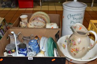 TWO BOXES AND LOOSE CERAMICS AND GLASSWARES, to include a Crown Devon wash set, a pair of Shelley