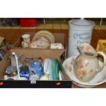 TWO BOXES AND LOOSE CERAMICS AND GLASSWARES, to include a Crown Devon wash set, a pair of Shelley