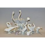 TWO DANISH B & G PORCELAIN FIGURES OF MICE, A NAO OSTRICH GROUP AND SIX LLADRO DUCK FIGURES, the