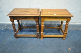 A PAIR OF SIMPSONS OF NORFOLK CHERRYWOOD AND CROSSBANDED MILLENNIUM STOOLS, the with a carved