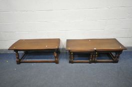 A SOLID OAK COFFEE/NEST OF THREE TABLES, width 106cm x depth 44cm x height 42cm, along with a