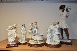 FIVE CAPODIMONTE RESIN FIGURES AND GROUPS IN WHITE, highlighted with flesh tones, including a