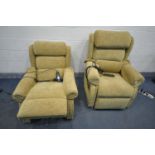 A PAIR OF MUSTARD YELLOW MIDDLETONS RISE AND RECLINE AMRCHAIRS, with various massage and heat