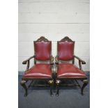 A PAIR OF REPRODUCTION VICTORIAN STYLE CARVER CHAIRS, with red leather upholstery, carved open