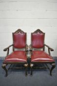 A PAIR OF REPRODUCTION VICTORIAN STYLE CARVER CHAIRS, with red leather upholstery, carved open