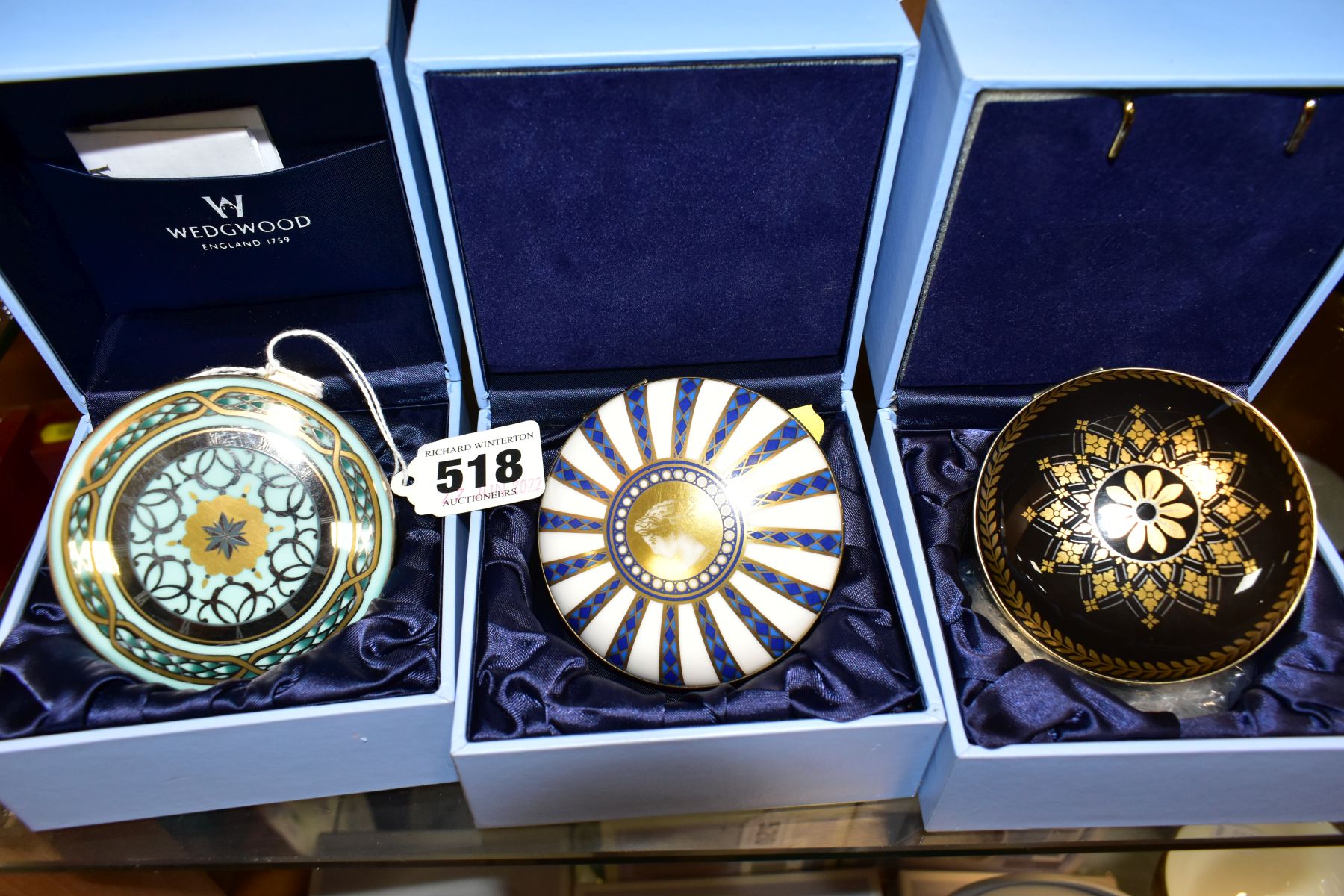 THREE BOXED WEDGWOOD HIDDEN TREASURES, ceramic with hallmarked silver mounts, comprising a Venice