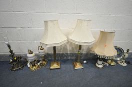 SIX VARIOUS TABLE LAMPS, to include two 20th century Corinthian column lamps, a pair of desk lamps