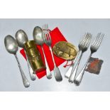 A BOX CONTAINING SEVEN ITEMS OF MILITARY RELATED CUTLERY, forks, spoons, a WW2 era Desert Rats