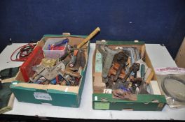 TWO TRAYS CONTAINING A SELECTION OF VINTAGE HAND TOOLS, to include spanners, saws, a Record 18