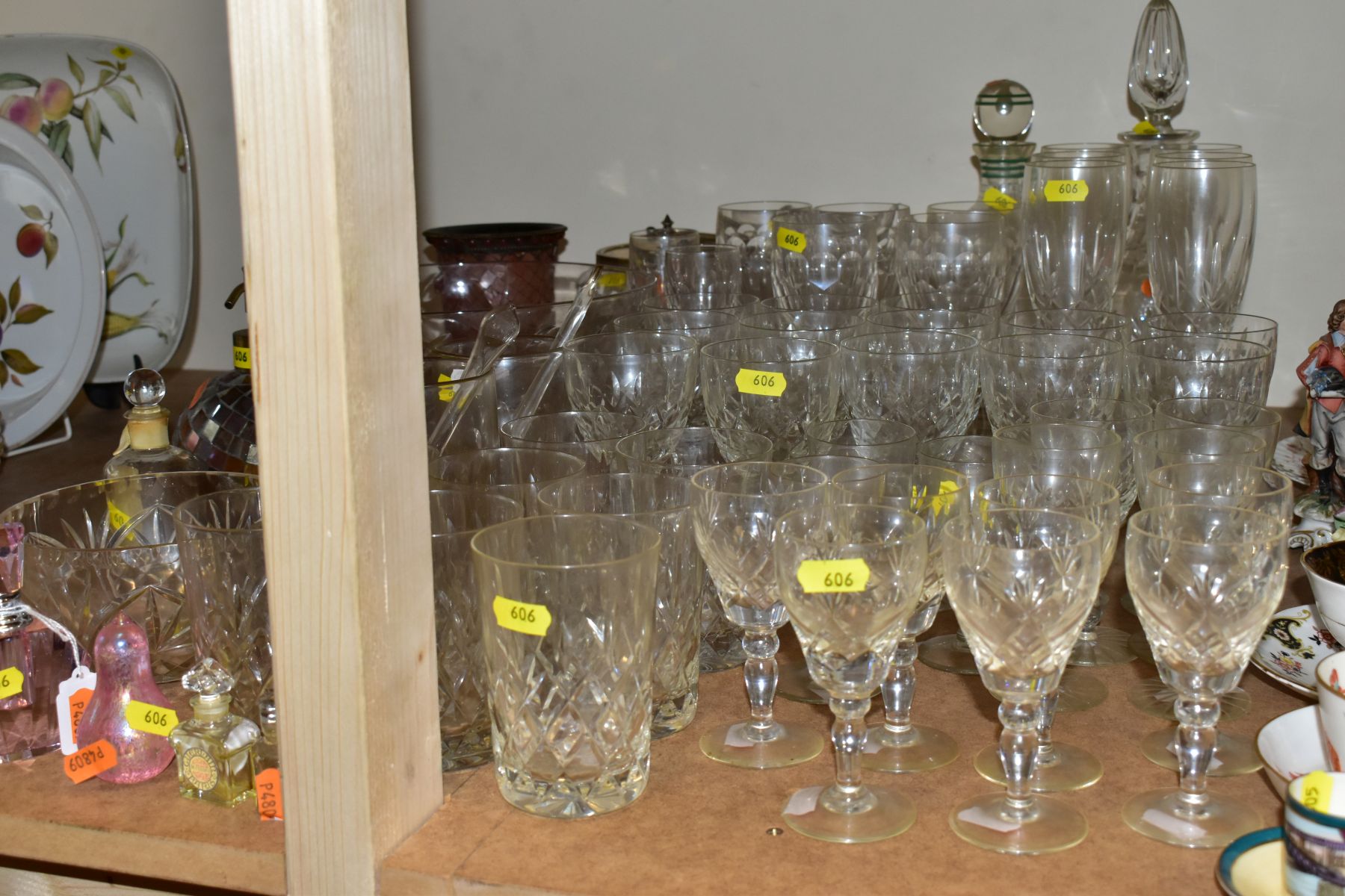 FIVE SETS OF DRINKING GLASSES, in sets of six or more, a large glass fruit bowl, two decanters,