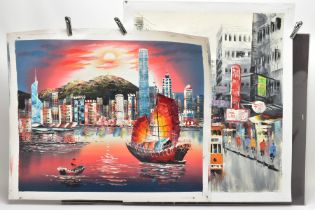 TWO UNFRAMED OILS ON CANVAS DEPICTING SCENES OF HONG KONG, the first depicting a sunset view of