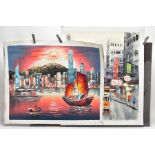 TWO UNFRAMED OILS ON CANVAS DEPICTING SCENES OF HONG KONG, the first depicting a sunset view of