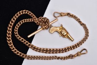 A 9CT GOLD ALBERT CHAIN WITH CHARM, graduated curb link chain each link is stamped 9.375, fitted